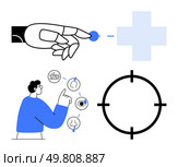 Robotic hand pointing to medical cross, man pointing at senses diagram, target circle. Ideal for healthcare, technology, robotics, medical research, human-machine interaction, artificial. Robotic Hand and Human Interaction Illustrating Medical Technology and Human Senses. Стоковая иллюстрация, агентство Ingram Publishing / Фотобанк Лори