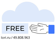Cloud shape with outstretched hand and bold FREE text. Ideal for data storage, tech, cloud services, giveaways, promotions, free trials, digital marketing. Line metaphor. Free Cloud Storage Symbol with Hand and Cloud Background in Soft Blue Tones. Стоковая иллюстрация, агентство Ingram Publishing / Фотобанк Лори