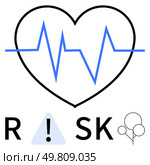 Heart shape with heartbeat line, bold letters R and SK, exclamation mark in triangle, and two balloons. Ideal for health awareness, medical risks, cardiology, safety warnings, healthcare preventive. Heartbeat Line within Heart Shape Highlighting Health Risks and Concerns. Стоковая иллюстрация, агентство Ingram Publishing / Фотобанк Лори