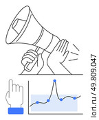 Megaphone hand gestures graph index finger pointing blue accents. Ideal for communication, data, analytics, marketing, influence, strategy, and presentations. Line metaphor. Amplifying Messages and Data Insights A Fusion of Communication and Analytics. Стоковая иллюстрация, агентство Ingram Publishing / Фотобанк Лори
