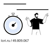 Stopwatch with a blue face and black outer casing next to a man pointing with both hands. Ideal for time management, planning, productivity, deadlines, efficiency, organization, goal setting. Line. Man Pointing and Stopwatch Illustration Highlighting Time Management and Planning. Стоковая иллюстрация, агентство Ingram Publishing / Фотобанк Лори