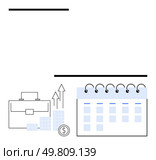 Business briefcase with ascending graph, stacks of coins, calendar, dollar coin. Ideal for financial management, business growth, investment planning, corporate scheduling, economic success timeline. Business Briefcase, Rising Graph, Calendars, and Dollar Coin Highlighting Financial Planning. Стоковая иллюстрация, агентство Ingram Publishing / Фотобанк Лори