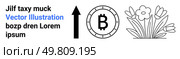 Growth arrow, Bitcoin coin, narcissus flowers, black text in Latin typeface. Ideal for finance, cryptocurrency, financial growth, nature, floral, spring, seasonal themes Landing page. Growth Arrow, Bitcoin Coin, Narcissus Flowers with Latin Text, Ideal for Landing Pages. Стоковая иллюстрация, агентство Ingram Publishing / Фотобанк Лори