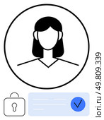 Female user avatar inside circle, blue verification checkmark badge, lock symbol, and identification card. Ideal for online security, user authentication, profile setup, identity verification. User profile icon with verified badge and lock symbol representing account security and verification. Стоковая иллюстрация, агентство Ingram Publishing / Фотобанк Лори