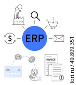 Central ERP blue circle with icons for manufacturing, search, e-commerce, email, financial transactions, cash flow, and invoicing. Ideal for process management, supply chain accounting resource. Comprehensive ERP System Integrating Business Processes with Financial, Inventory, and Manufacturing Management. Стоковая иллюстрация, агентство Ingram Publishing / Фотобанк Лори