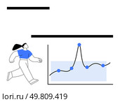 Energetic person moving towards a fluctuating graph with blue trend points. Ideal for business success, growth analysis, data trends, achievements, forward momentum, strategic planning, motivation. Dynamic Business Growth A Journey of Success and Achievement. Стоковая иллюстрация, агентство Ingram Publishing / Фотобанк Лори