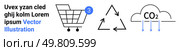 Shopping cart with notification, recycling symbol with arrows, cloud labeled CO2. Ideal for e-commerce, recycling awareness, environmental impact, sustainability initiatives, online shopping. Shopping Cart, Recycling Symbol, and CO2 Cloud - Sustainability and E-commerce Elements. Стоковая иллюстрация, агентство Ingram Publishing / Фотобанк Лори