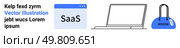 Browser window labeled SaaS, modern laptop, blue handbag with a tag. Ideal for remote work, digital tools, SaaS products, online collaboration, tech startups freelancing productivity tools. Landing. SaaS Concept with Laptop, Browser Window, and Essentials for Work from Anywhere. Стоковая иллюстрация, агентство Ingram Publishing / Фотобанк Лори