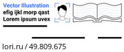 Open book with wavy pages, user profile icon with short hair. Ideal for education, user manuals, documentation, academic articles, digital libraries, online courses, corporate training. Landing page. Black and White Open Book with User Profile Concept and Sample Text in Modern Style. Стоковая иллюстрация, агентство Ingram Publishing / Фотобанк Лори