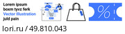 Business people analyzing data on a large display, a handbag with a price tag, and a discount coupon with a percentage sign. Ideal for online shopping, discounts, retail analytics, e-commerce. E-commerce Shopping Process with Analytics, Handbag, and Discount Coupon Elements. Стоковая иллюстрация, агентство Ingram Publishing / Фотобанк Лори