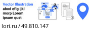 People interacting with an online shopping cart, documents labeled invoice, and a large location pin. Ideal for e-commerce websites, online shopping, order management, logistics, financial planning. Team managing online shopping cart with invoices and location pin for e-commerce logistics. Стоковая иллюстрация, агентство Ingram Publishing / Фотобанк Лори