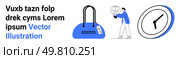 Cartoon man holding a lightbulb, blue duffel bag with a tag, and a large clock. Ideal for business trips, productivity, innovation, management, travel workplace and punctuality themes. Landing page. Man with lightbulb and duffel bag, accompanied by clock indicating business or travel concept. Стоковая иллюстрация, агентство Ingram Publishing / Фотобанк Лори
