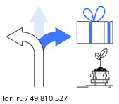 Arrows pointing in different directions, gift box with ribbon, plant sprouting from stacked coins. Ideal for business strategy, decision making, investments, growth, opportunities, choices. Blue and Black Arrows, Gift Box with Ribbon, and Plant Growing from Coins. Стоковая иллюстрация, агентство Ingram Publishing / Фотобанк Лори