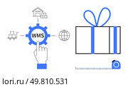 Hand pointing at cogwheel with warehouse, trolley, globe, and gift box beside measuring tape. Ideal for logistics, e-commerce, inventory management, shipping supply chain warehousing retail. Line. Warehouse Management System WMS Concept with Warehouse, Globe, Gift Box, and Measuring Tape. Стоковая иллюстрация, агентство Ingram Publishing / Фотобанк Лори