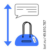 Handbag with price tag and black handles, speech bubble for text, vertical blue arrow. Ideal for retail, fashion, e-commerce, product descriptions, price tags customer info sales. Line metaphor. Handbag with Price Tag Beside Information Speech Bubble and Vertical Arrow Indicating Size. Стоковая иллюстрация, агентство Ingram Publishing / Фотобанк Лори