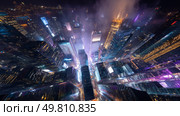 A dramatic aerial shot of a city covered in advertisements and neon signs. Symbol of a major environmental problem caused by urban overconsumption waste. Abstract image. Стоковое AI-изображение, AI-художник ALLA YURTAYEVA / Фотобанк Лори