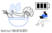Combination of fruits and vegetables in a bowl next to a battery level icon and person working on a laptop. Ideal for healthy living, balanced diet, wellness, productivity, work-life balance, energy. Balanced diet and laptop work juxtaposed with battery health metaphor indicating energy levels. Стоковая иллюстрация, агентство Ingram Publishing / Фотобанк Лори