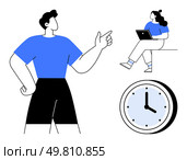 Person pointing, another using laptop, and clock. Ideal for remote work, teamwork, time management, business coordination, productivity, workflow planning, deadlines Line metaphor. Modern Worker Directing, Colleague Working on Laptop, and Analog Clock for Time Management Concept. Стоковая иллюстрация, агентство Ingram Publishing / Фотобанк Лори