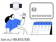 Woman interacting with health-tracking smartwatch, pointing upwards. Nearby calendar and credit card. Ideal for health monitoring, personal finance, planning, technology integration, digital. Woman analyzing health data from smartwatch with calendar and credit card elements. Стоковая иллюстрация, агентство Ingram Publishing / Фотобанк Лори