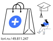 College student with laptop seated, large shopping bag with medical cross symbol, and graduation cap. Ideal for healthcare, online learning, educational programs, academic aid, e-commerce, medical. College student sitting with laptop and graduation cap, symbolizing online learning and education enhancement. Стоковая иллюстрация, агентство Ingram Publishing / Фотобанк Лори
