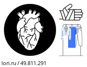 Stylized black-and-white anatomical heart inside black circle, thumbs up hand gesture, blue and white clothes on a clothing rack. Ideal for health, apparel, lifestyle, design themes, poster, fashion. Anatomical Heart, Thumbs Up Hand Gesture and Hanging Wardrobe Items in an Abstract Graphic Design. Стоковая иллюстрация, агентство Ingram Publishing / Фотобанк Лори