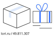 Two boxes display different purposes with simple line art one has tape for shipping, the other a bow for gifting. Ideal for shopping, shipping, holidays, celebrations, events, online stores. Two boxes, one with tape and the other with a bow, representing shipping and gifts. Стоковая иллюстрация, агентство Ingram Publishing / Фотобанк Лори