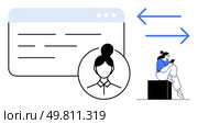 Woman with tablet seated on block next to profile window, two blue arrows indicating data syncing. Ideal for user profiles, data management, mobile apps, online accounts, web development, technology. User Profile Management and Data Syncing Concept with Woman Using Tablet and Profile Window. Стоковая иллюстрация, агентство Ingram Publishing / Фотобанк Лори