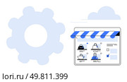 Online storefront displayed with shopping bags, wishlist, and checkout options under a gear mechanism and cloud. Ideal for e-commerce, online shopping, retail, digital marketing, web development. E-commerce Website with Online Storefront and Shopping Bags under Gear Mechanism and Cloud. Стоковая иллюстрация, агентство Ingram Publishing / Фотобанк Лори