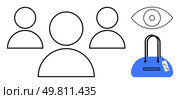 Three minimalistic human figures, an eye symbol, and a blue handbag with a tag suggest surveillance, identification, and security. Ideal for security, monitoring, retail, identity observation. Simplified Human Figures, Eye, and Blue Handbag Illustrating Identification and Security Themes. Стоковая иллюстрация, агентство Ingram Publishing / Фотобанк Лори