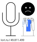 Large microphone, sad face icon, and clothing rack with blue and white garments symbolizing frustration, communication, and dissatisfaction. Ideal for mental health, customer service, fashion. Large microphone, sad face icon, and clothing rack with blue and white garments convey themes of frustration. Стоковая иллюстрация, агентство Ingram Publishing / Фотобанк Лори