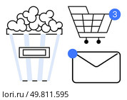 Popcorn container, shopping cart with notification, and envelope with unread message alert. Ideal for entertainment, e-commerce, communication apps, new messages, notifications, marketing digital. Elements of Entertainment, Shopping, and Communication with Notifications. Стоковая иллюстрация, агентство Ingram Publishing / Фотобанк Лори