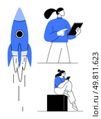 Rocket launching vertically while people stand and sit with tablets. Ideal for technology, business, innovation, startups, digital transformation, productivity, education. Line metaphor. Professional individuals using digital tablets beside launching rocket, symbolizing innovation and progress. Стоковая иллюстрация, агентство Ingram Publishing / Фотобанк Лори