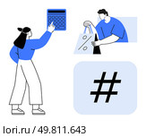 Woman using calculator, man with shopping bags featuring percent symbol, large metadata tag symbol. Ideal for retail, discounts, sales strategies, e-commerce, social media marketing, finance. Female character calculating discounts while male character shops with percentage-marked bags and large metadata tag. Стоковая иллюстрация, агентство Ingram Publishing / Фотобанк Лори
