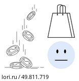 Coins tumbling, a shopping bag, and neutral face expressing indifferent emotion. Ideal for finance, budgeting, shopping, consumer behavior, expense management market analysis decision-making. Line. Coins falling, shopping bag, and neutral face conveying financial decision-making and shopping reaction. Стоковая иллюстрация, агентство Ingram Publishing / Фотобанк Лори