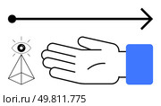Outstretched hand, directional arrow pointing right, and eye in a pyramid suggest guidance, destiny, and enlightenment. Ideal for themes of assistance, direction, knowledge, mystery divination. Minimalist Design Featuring Outstretched Hand, Directional Arrow, and Eye in Pyramid Symbol. Стоковая иллюстрация, агентство Ingram Publishing / Фотобанк Лори