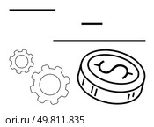 Dollar coin with dollar symbol next to two gear wheels horizontal lines of varying lengths. Ideal for finance, business processes, economics, industry, engineering, technology, operational. Dollar Coin and Gear Wheels Representing Economic Process and Mechanism. Стоковая иллюстрация, агентство Ingram Publishing / Фотобанк Лори