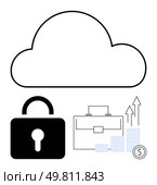 Cloud with lock, briefcase, and financial growth symbols. Ideal for cloud storage, cybersecurity, finance, data protection, business growth online security digital economy. Line metaphor. Cloud storage and security key, briefcase, rising bar chart, stacks of coins with dollar sign. Стоковая иллюстрация, агентство Ingram Publishing / Фотобанк Лори