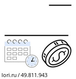 Coin with dollar sign alongside a calendar and clock. Ideal for financial planning, time management, savings, budgeting, scheduling, deadline management, and investment. Line metaphor. Coin with dollar sign beside calendar and clock, depicting financial planning and scheduling concept. Стоковая иллюстрация, агентство Ingram Publishing / Фотобанк Лори
