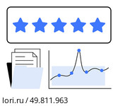 Five blue stars documents in a folder data chart with line graph. Ideal for business insights, analytics, strategy development, performance review, efficiency, growth, data-driven decisions. Line. Elevate Business Strategy with Data Analysis and Customer Satisfaction Metrics. Стоковая иллюстрация, агентство Ingram Publishing / Фотобанк Лори