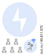 Five people, a robotic arm with wireless signals in blue circle, and a white lightning bolt inside a larger blue circle. Ideal for innovation, teamwork, technology, connectivity, automation. Collaborative Robotics Empowering People with Advanced Technological Solutions. Стоковая иллюстрация, агентство Ingram Publishing / Фотобанк Лори