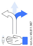 Three arrows pointing in different directions, a guiding hand, and a small rocket icon. Ideal for decision-making, guidance, direction, choice, navigation innovation startup themes. Line metaphor. Choose Your Path Decision Making with Guiding Hand and Rocket Icon. Стоковая иллюстрация, агентство Ingram Publishing / Фотобанк Лори