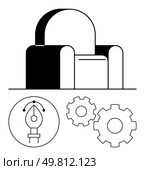 Desk lamp accompanied by pen tool icon and gear cogs suggesting a blend of creativity and technical precision. Ideal for design, engineering, innovation, office setups, tech, productivity, work. Stylish Desk Lamp, Pen Tool Icon, and Gear Cogs, Representing Creativity and Productivity. Стоковая иллюстрация, агентство Ingram Publishing / Фотобанк Лори