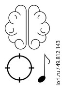 Brain icon, target symbol, and music note. Ideal for mental health, focus, creativity education brain training music therapy and cognitive research. Line metaphor. Line metaphor. Simple line icons. Black and White Brain, Target, and Music Note Highlighting Cognitive and Creative Elements. Стоковая иллюстрация, агентство Ingram Publishing / Фотобанк Лори