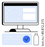 Desktop monitor displaying a software interface with completed task notification and nearby water bottle. Ideal for productivity, office, work-from-home, health, ergonomics, reminders, hydration. Computer with software interface, task completion notification, and water bottle on desk. Стоковая иллюстрация, агентство Ingram Publishing / Фотобанк Лори