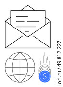 Envelope with letter, a globe, and falling coins with dollar sign. Ideal for themes of communication, global network, finance, online business, investment, currency exchange and digital economy. Global Communication and Financial Transactions Envelope, Globe, and Falling Coins Depiction. Стоковая иллюстрация, агентство Ingram Publishing / Фотобанк Лори
