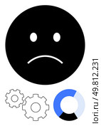 Sad face emotion above two black-and-white gears and blue-colored pie chart segment. Ideal for expressing technical issues, software bugs, system performance, user dissatisfaction, productivity, data. Unhappy face icon with gears and pie chart metaphor for technical issues and performance analysis. Стоковая иллюстрация, агентство Ingram Publishing / Фотобанк Лори
