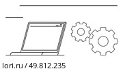 Open laptop next to two gears representing system settings and configuration management. Ideal for technology integration, technical support, IT development, automation, system optimization, digital. Laptop with gears symbolizing system settings and configuration management. Стоковая иллюстрация, агентство Ingram Publishing / Фотобанк Лори
