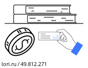 Hand holding an identification card with a photo icon, next to a stack of books and a dollar coin. Ideal for education, finance, identification, business, professional services, libraries, banking. Hand holding an identification card next to stack of books and dollar coin. Стоковая иллюстрация, агентство Ingram Publishing / Фотобанк Лори