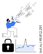 Man shields from DDoS attacks using a dish missiles in motion, secure padlock, analytics graph. Ideal for cybersecurity, data protection, internet safety, digital defense, technology, online. Cybersecurity Defense Against DDoS Attacks and Data Monitoring with Modern Technology. Стоковая иллюстрация, агентство Ingram Publishing / Фотобанк Лори