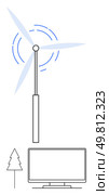 Wind turbine spinning with blue motion lines, powering a digital device with a tree illustration below. Ideal for renewable energy, sustainability, technology integration, eco-lifestyle. Wind Turbine Generating Power for a Digital Device Next to a Tree, Simple Line Art. Стоковая иллюстрация, агентство Ingram Publishing / Фотобанк Лори